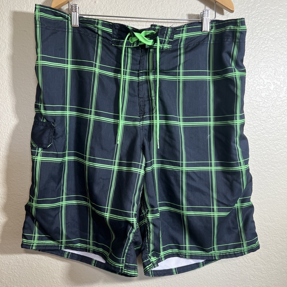 OP Mens XL Swim Board Shorts Black‎ Green